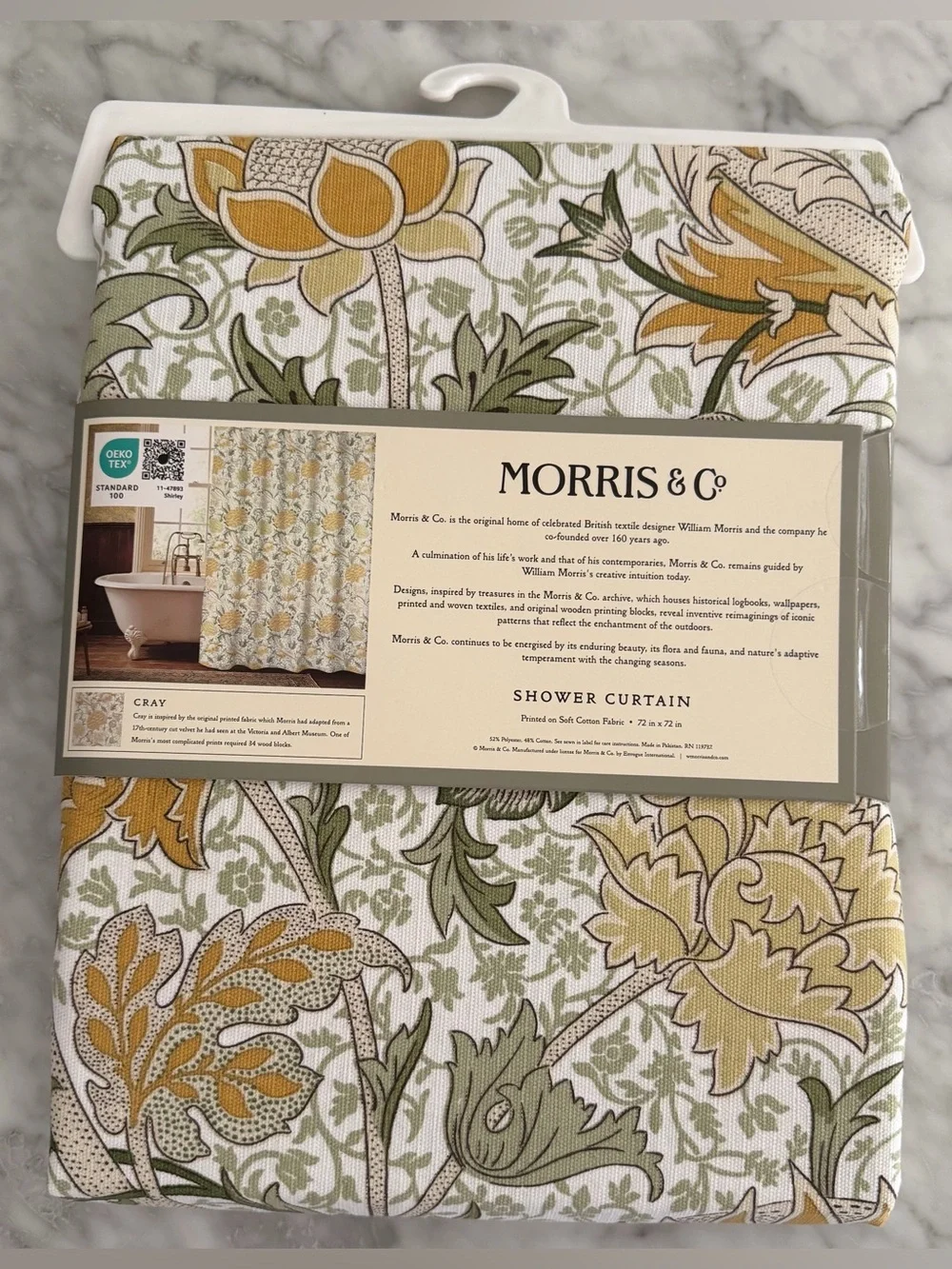 William Morris & Co Cray Shower Curtain Fabric 72x72” Flowers Green Yellow New